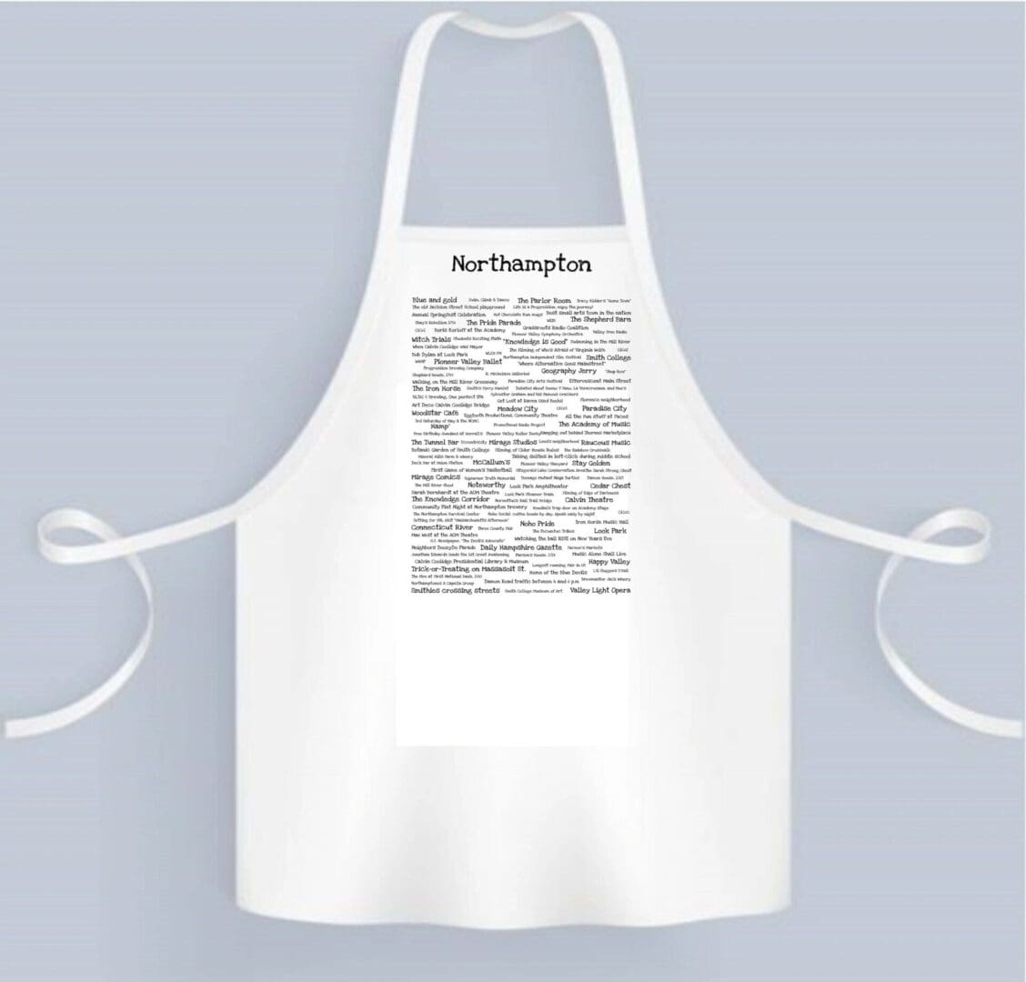 A white apron with a black and white image of the back.