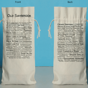 The front and back of a bottle bag featuring trivia about Old Saybrook.