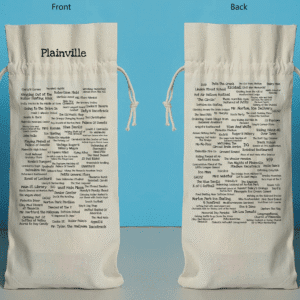 The front and back of a bottle bag featuring trivia about Plainville.