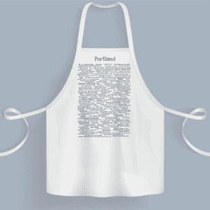 A white apron with the word " portland " written on it.