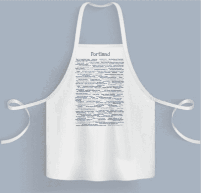 A white apron with the word " portland " written on it.