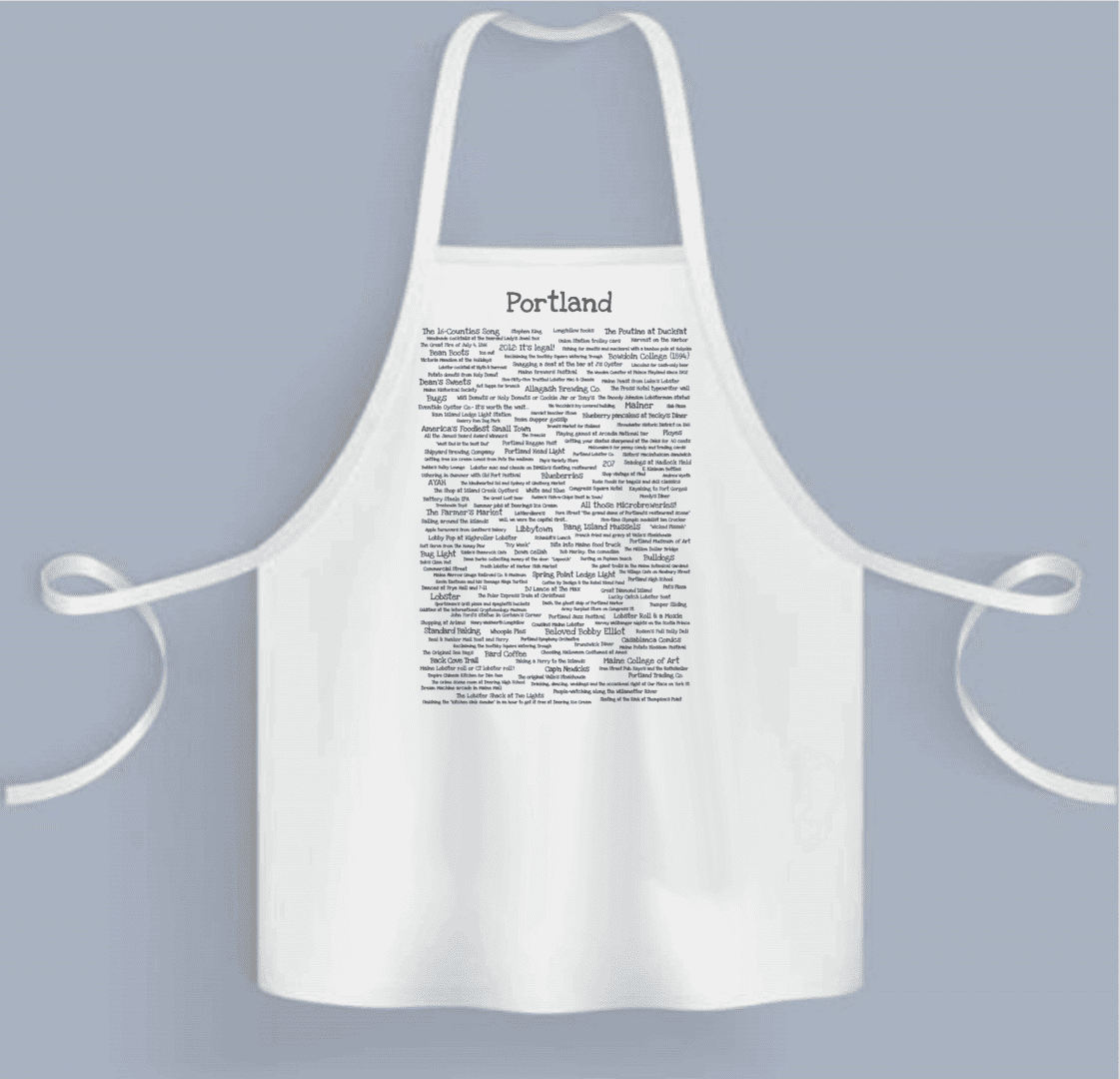 A white apron with the word " portland " written on it.