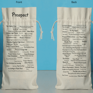 The front and back of a bottle bag featuring trivia about Prospect.