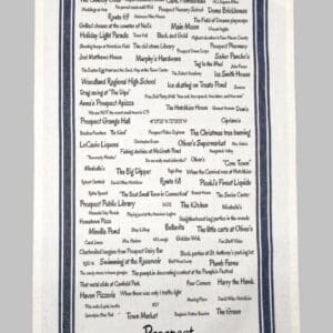 A towel with many different words written on it