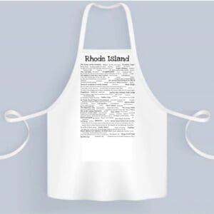 A white apron with an image of rhode island written on it.