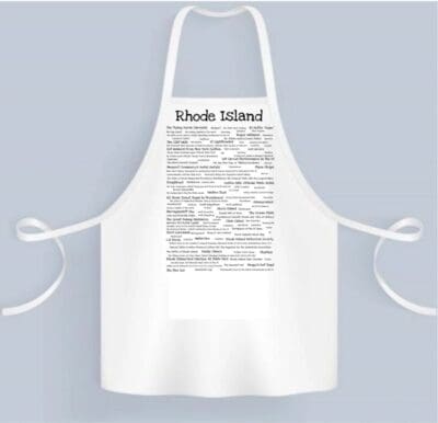 A white apron with an image of rhode island written on it.