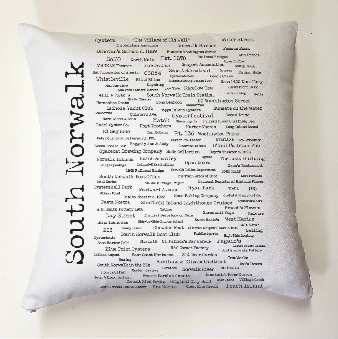 A white pillow with many words written on it.