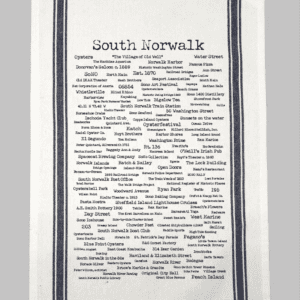 A towel with the words south norwalk written in many different languages.