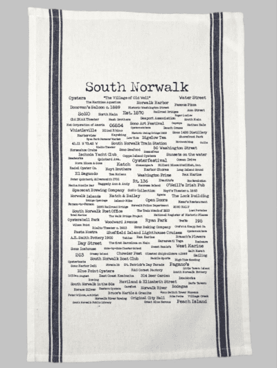 A towel with the words south norwalk written in many different languages.