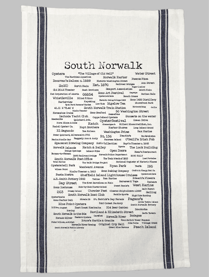 A towel with the words south norwalk written in many different languages.