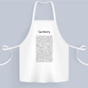 A white apron with the word " sanctuary " written on it.