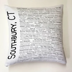 A pillow with the words southbury, ct written on it.