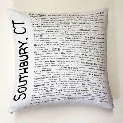 A pillow with the words southbury, ct written on it.