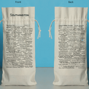 The front and back of a bottle bag featuring trivia about Southington.