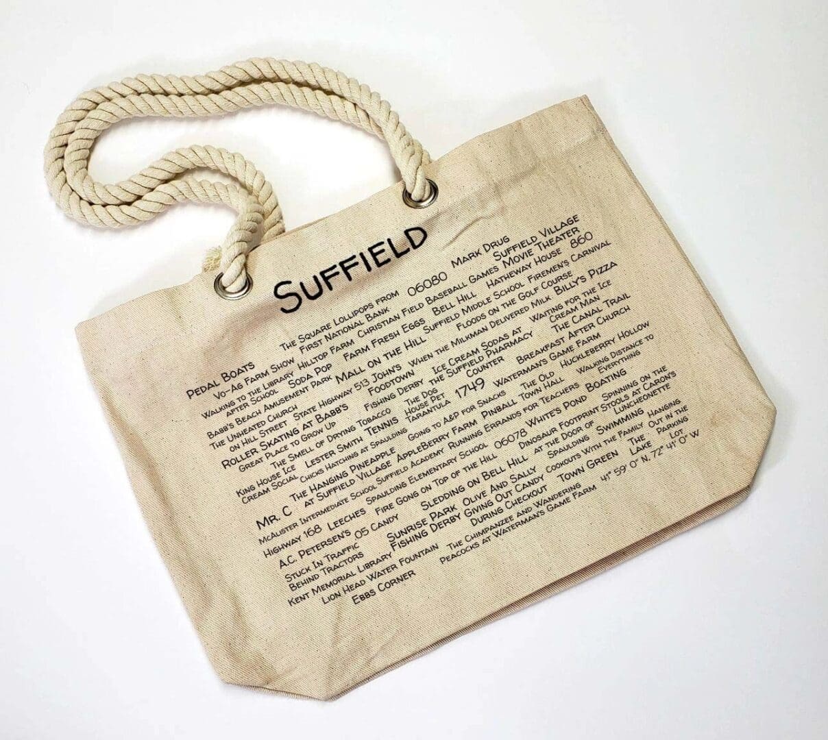 A bag with the words suffield written on it.