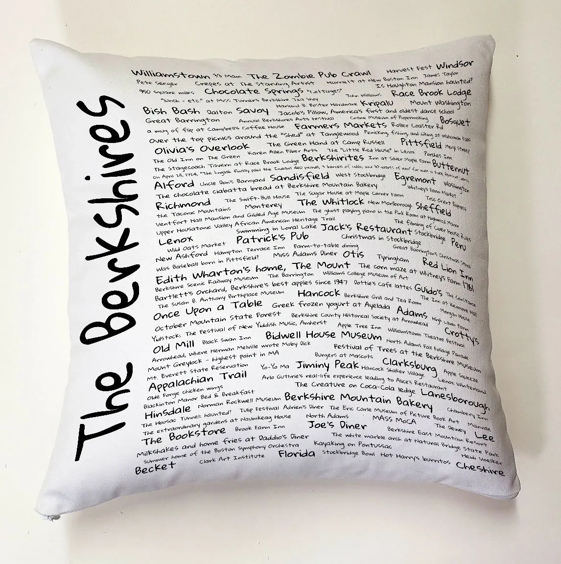 A pillow with the names of all the berkshires written on it.