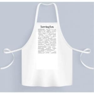 Torrington Pride Chef's Apron with the word "torrington" at the top and a block of text in the center, hanging against a light gray background.