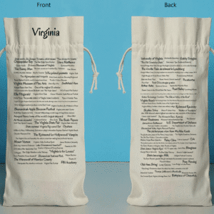 The front and back of a bottle bag featuring trivia about Virginia