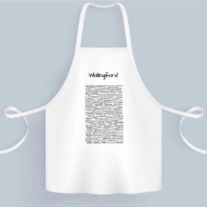 A white apron with black writing on it.