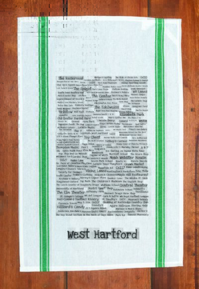 A green striped towel with trivia about West Hartford, Connecticut