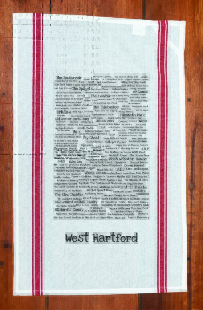 A red striped towel with trivia about West Hartford, Connecticut