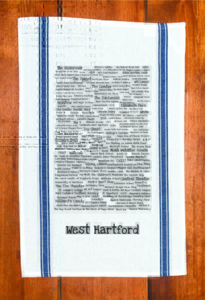 A blue striped towel with trivia about West Hartford, Connecticut