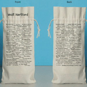 The front and back of a bottle bag featuring trivia about West Hartford.