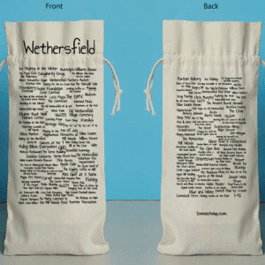 The front and back of a bottle bag featuring trivia about Wethersfield.