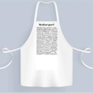 A white apron with the name of a city in black lettering.