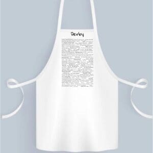 A white apron with a black and white design.