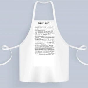 A white apron with the word " dictionary " written on it.