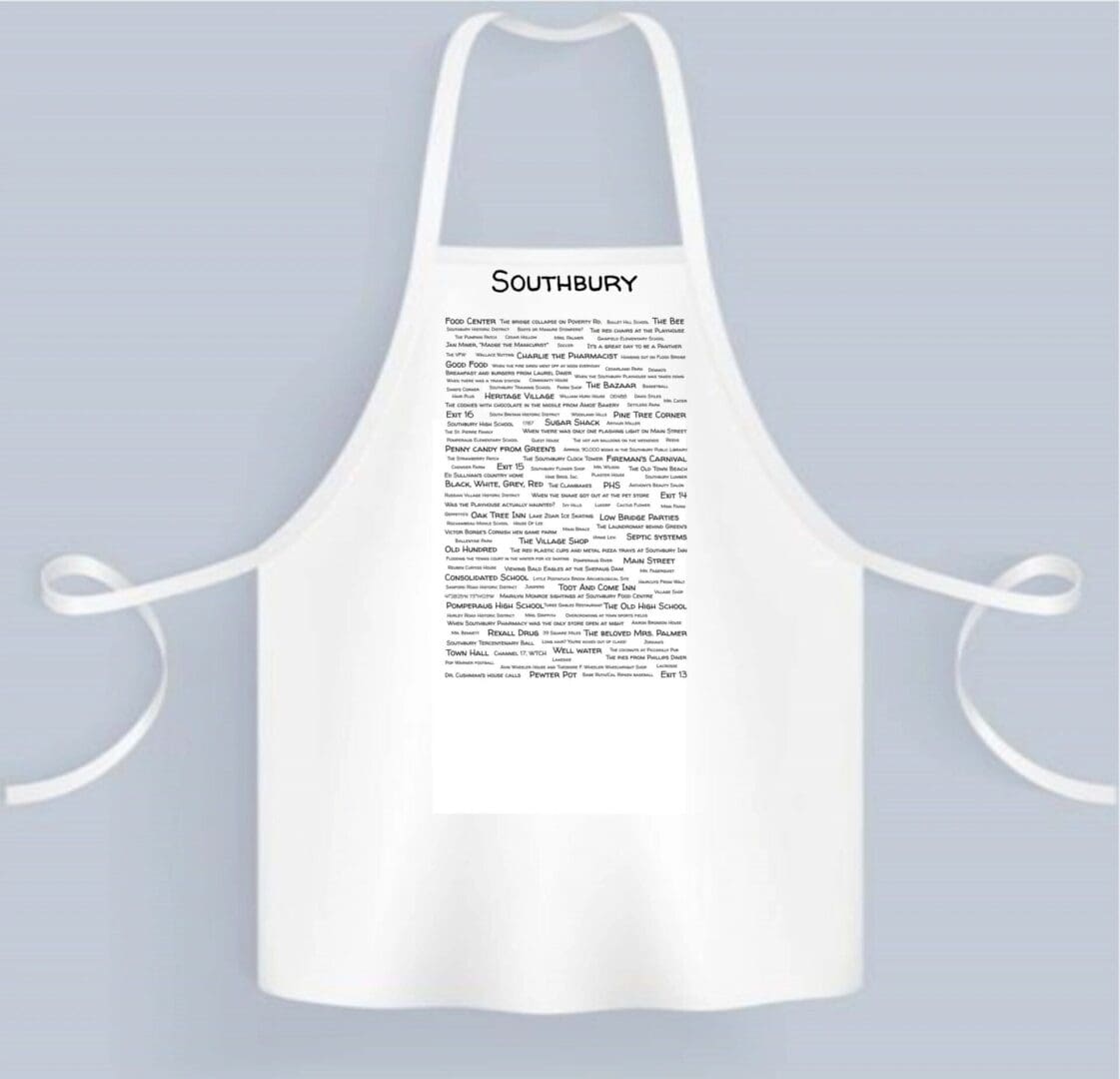 A white apron with the word " dictionary " written on it.