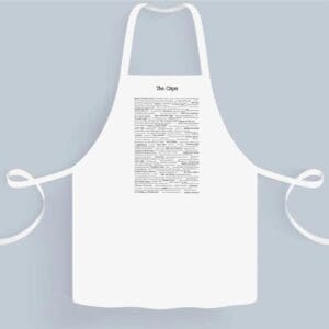 A white apron with an image of the word " chef ".