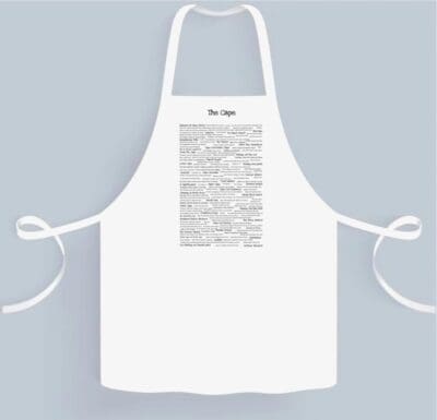 A white apron with an image of the word " chef ".