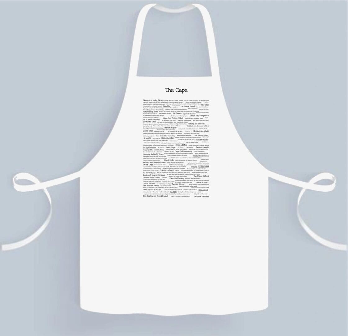 A white apron with an image of the word " chef ".