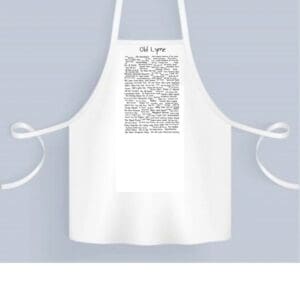 A white apron with an image of the word " i am " written on it.