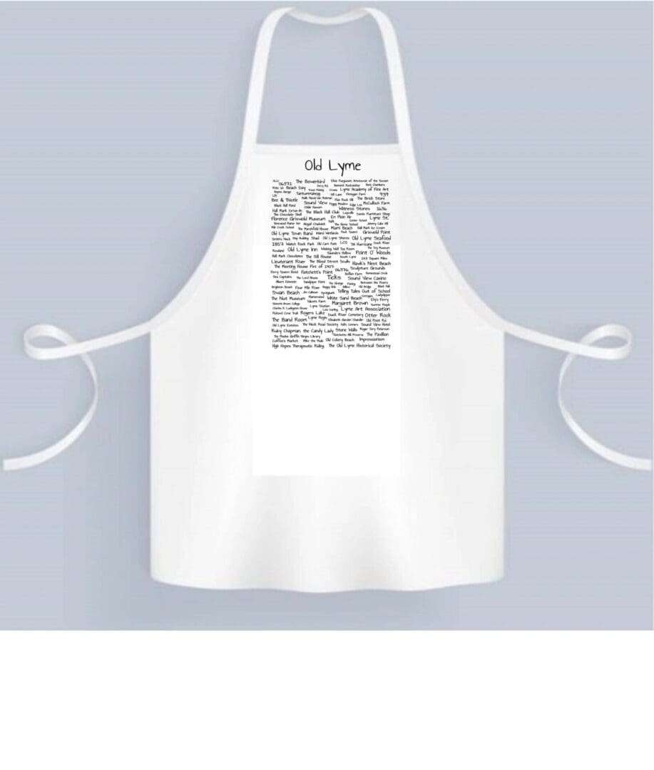 A white apron with an image of the word " i am " written on it.