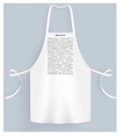 A white apron with a black and white image of a person.