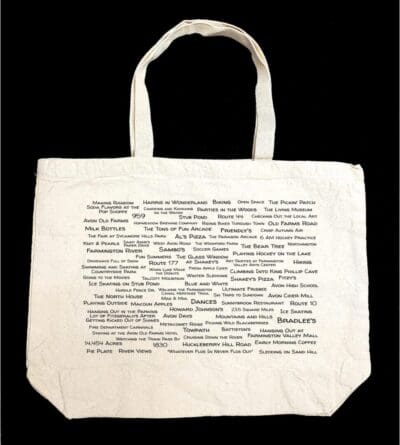 A white bag with many different words written on it