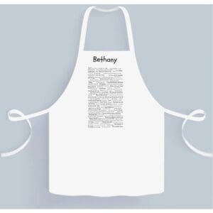 A white apron with the name of bethany written on it.