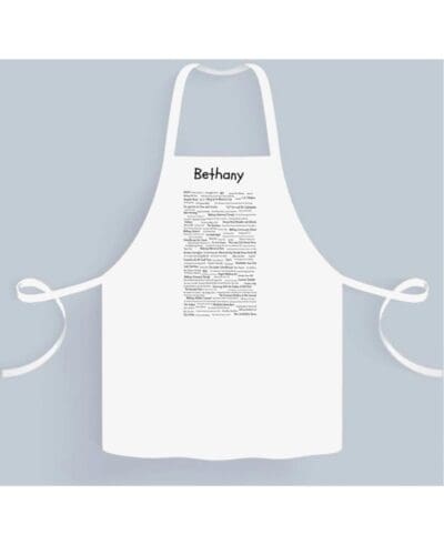 A white apron with the name of bethany written on it.