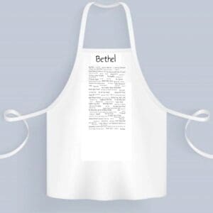 A white apron with the word bethel written on it.