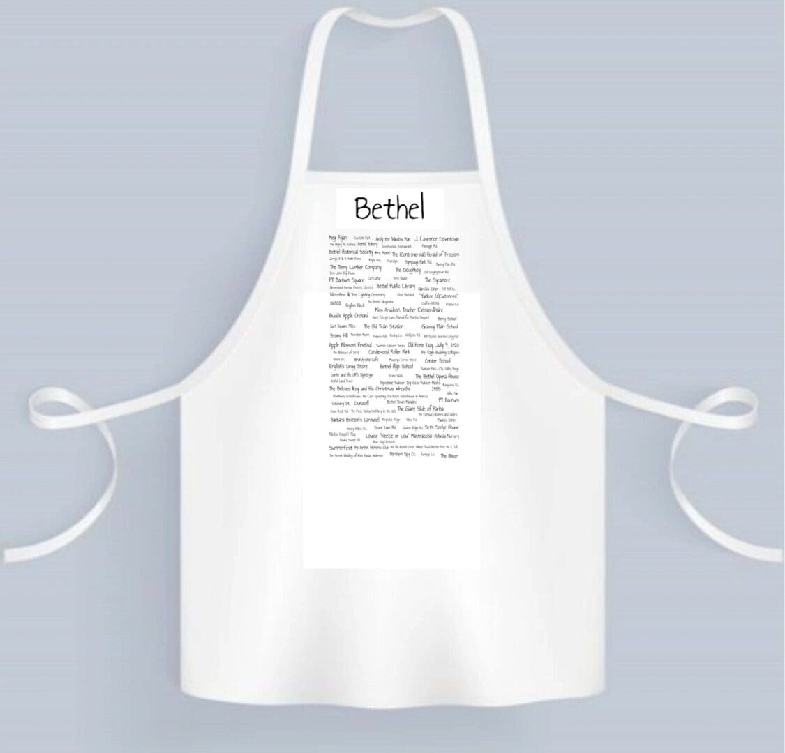 A white apron with the word bethel written on it.