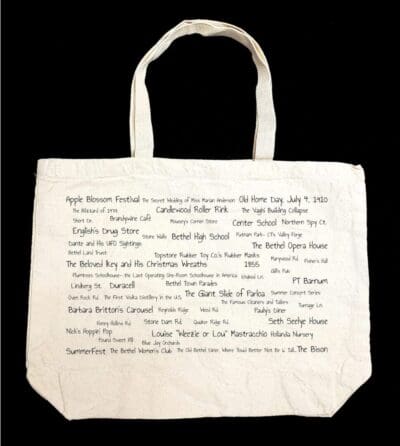 A bag with many words written on it