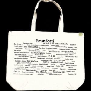 A white bag with many words written on it