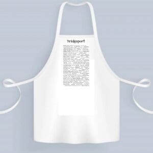 A white apron with some writing on it