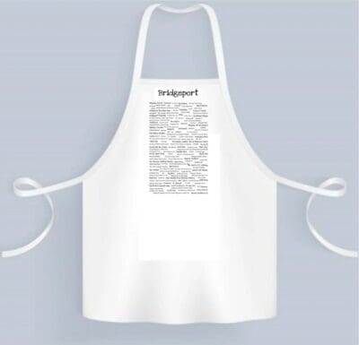 A white apron with some writing on it