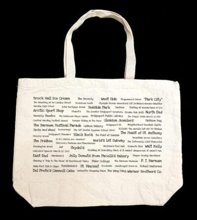 A white bag with many words written on it