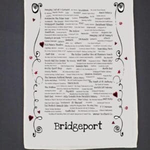 A towel with the name bridgeport written in black and red lettering.