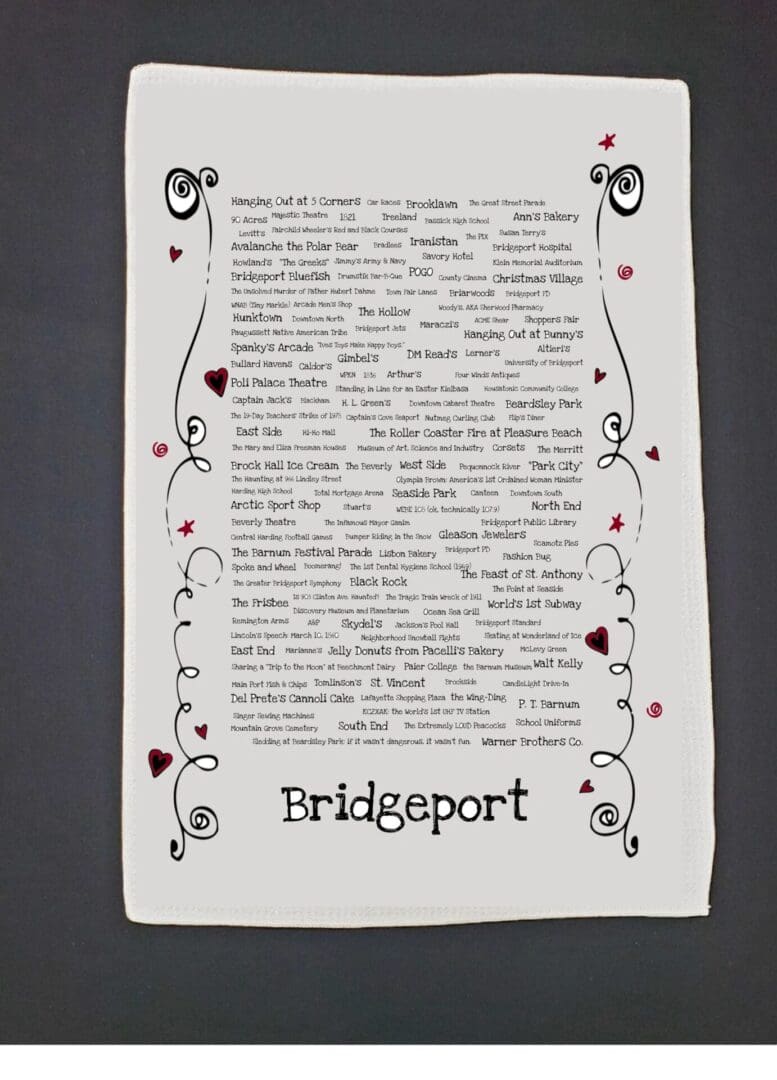 A towel with the name bridgeport written in black and red lettering.